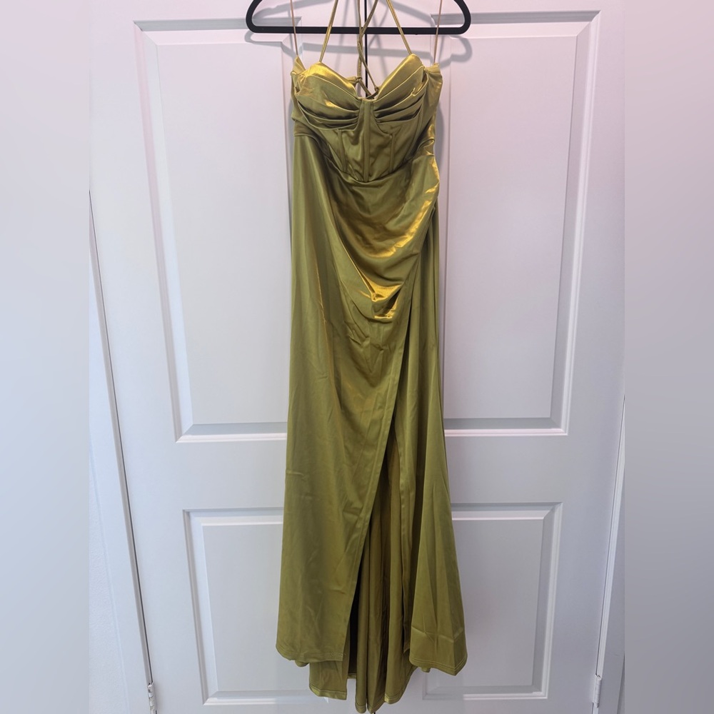 Olive Green Satin Prom Dress with Draped Bodice